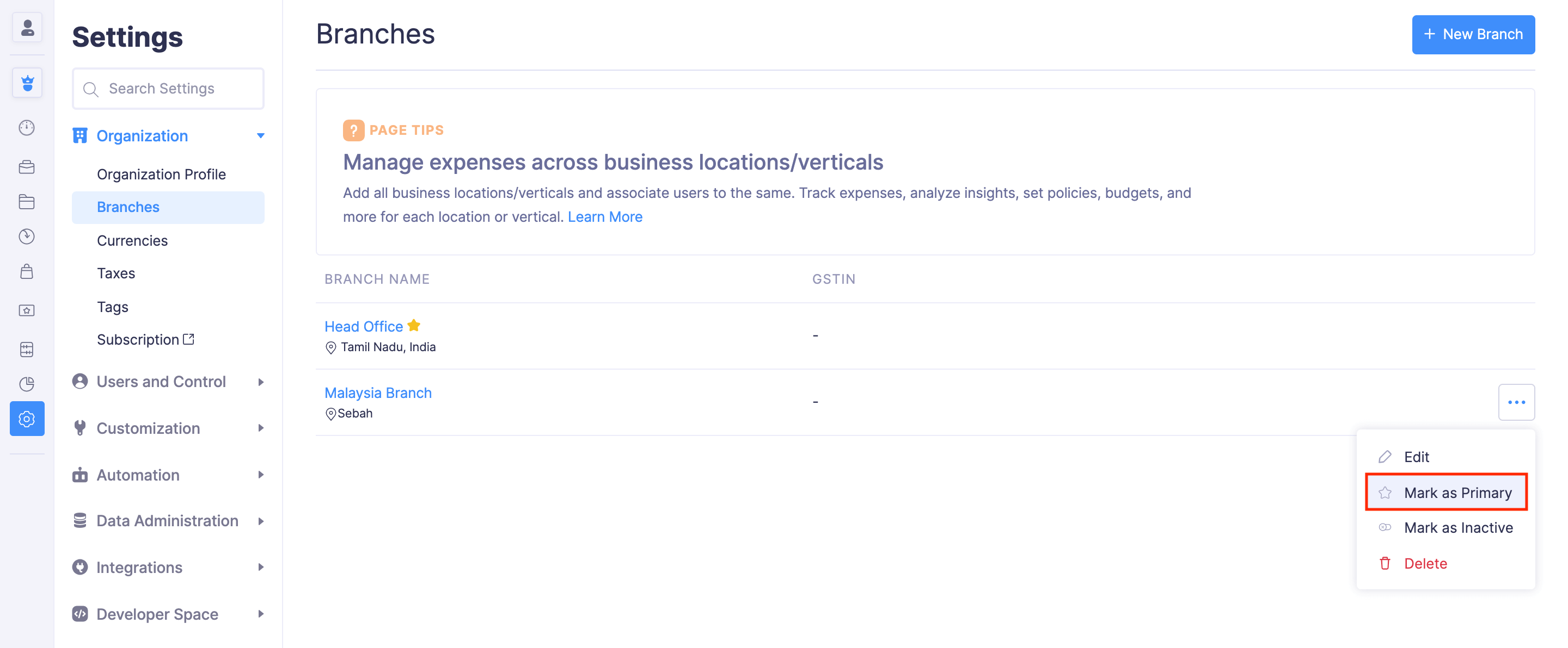 Mark Branch as Primary