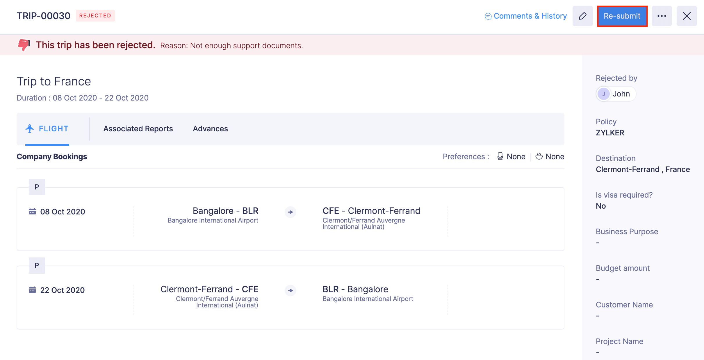 Re-submit Rejected Trips