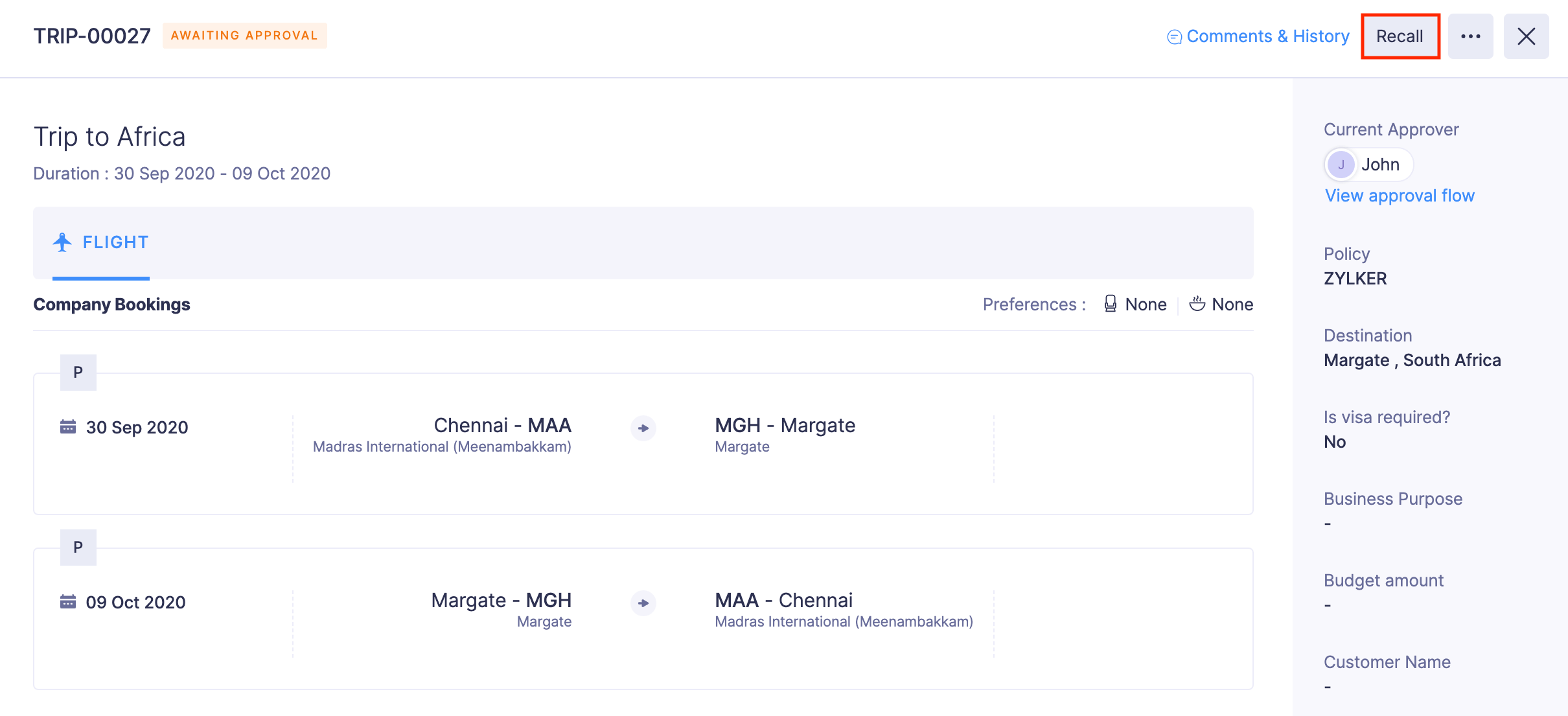 Recall Submitted Trip