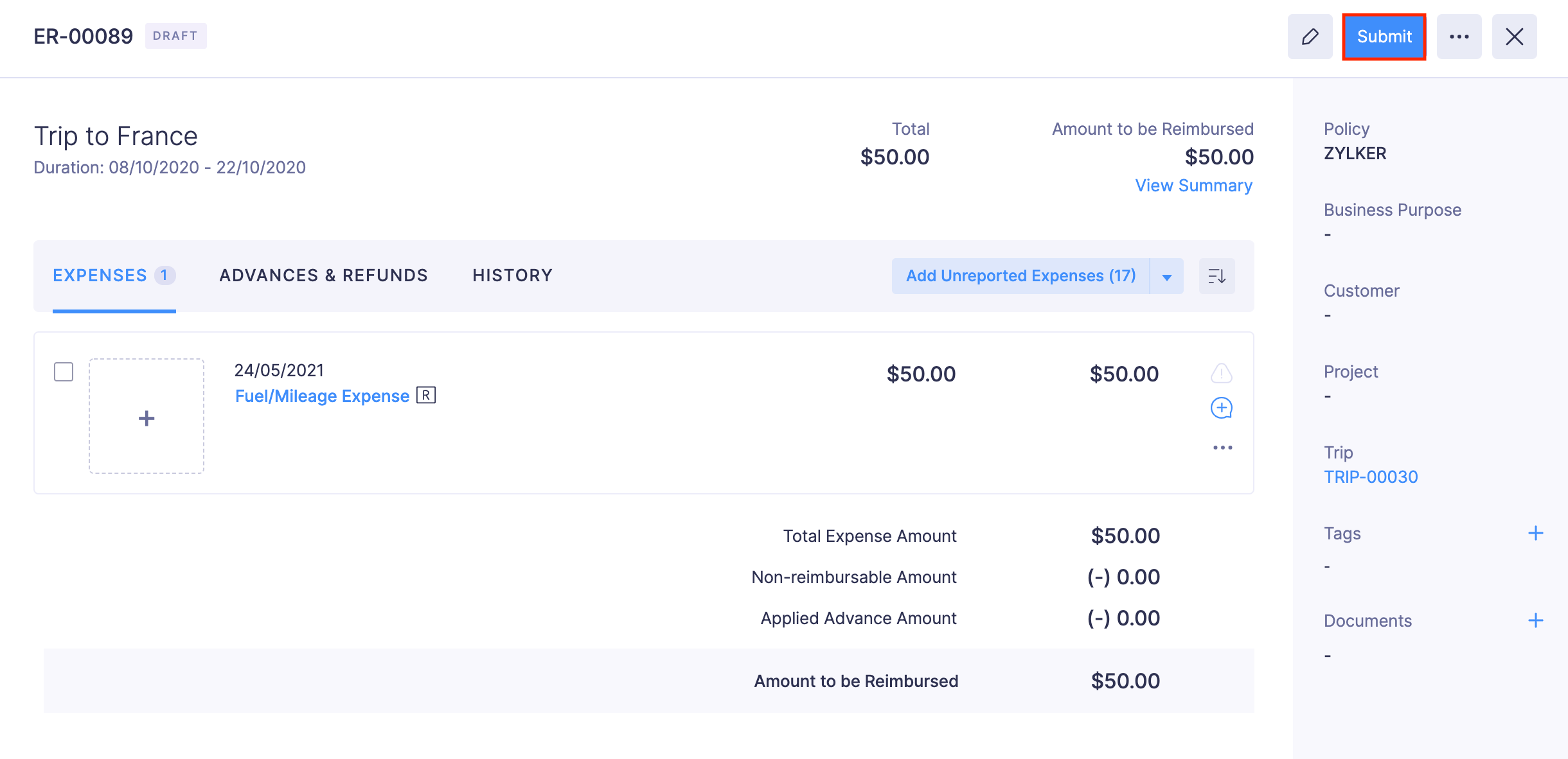 Report Trip Expenses