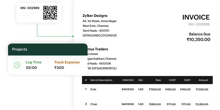 Zoho Billing interface displaying a detailed invoice with QR code for payment, itemized listing of sofa and chair with tax breakdown, and a project summary showing 2 hours of logged time and  tracked expense.