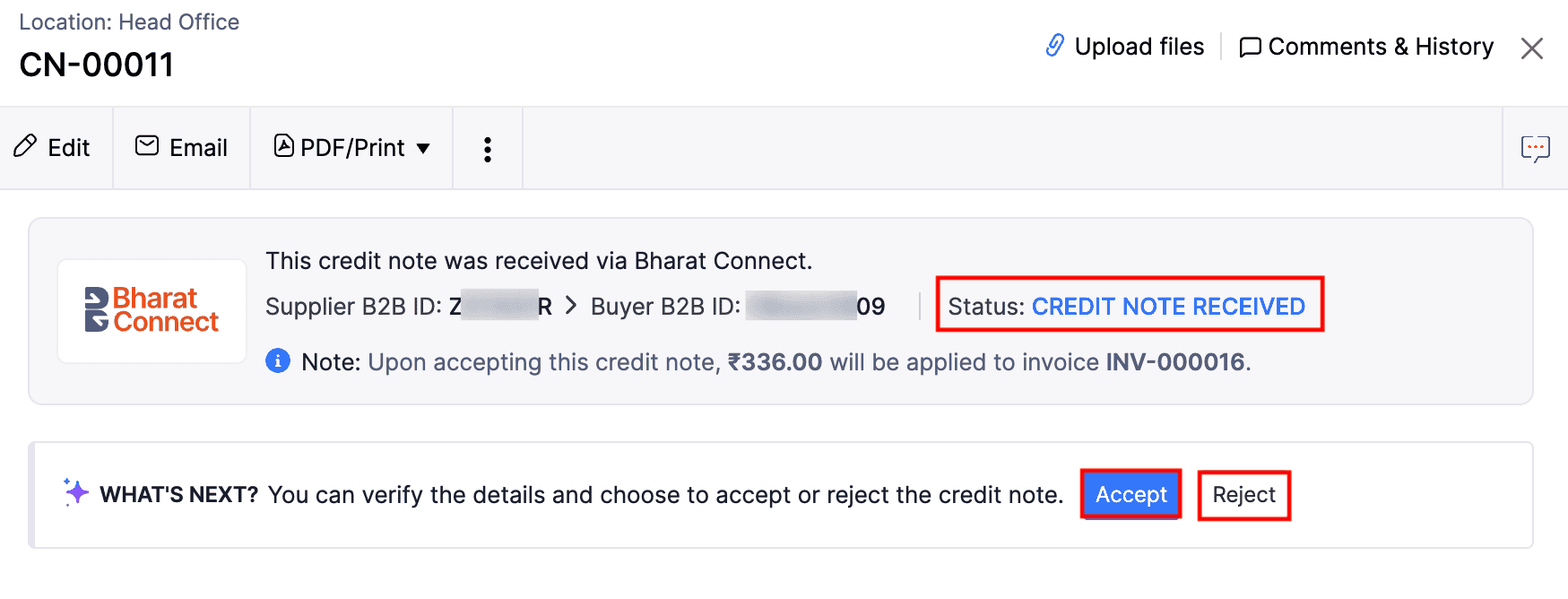 Credit Note Received via Bharat Connect