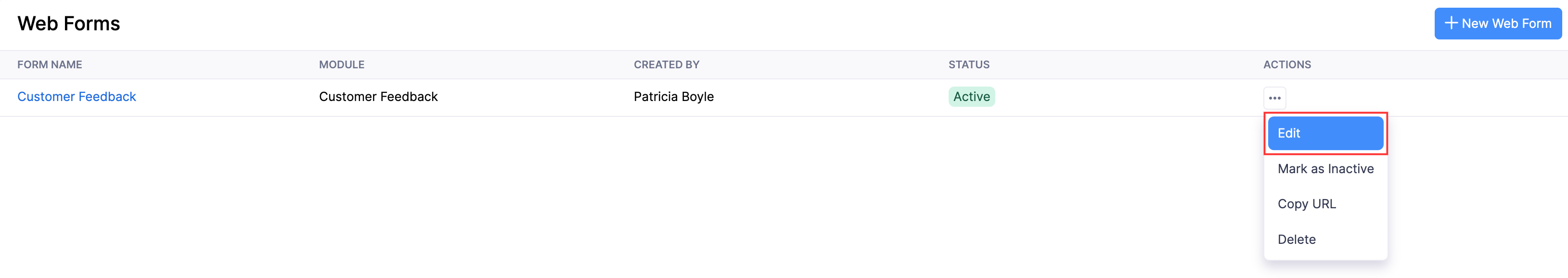 The Web Forms list page. Hover over a web form, click the More icon, and select Edit to edit a web form.