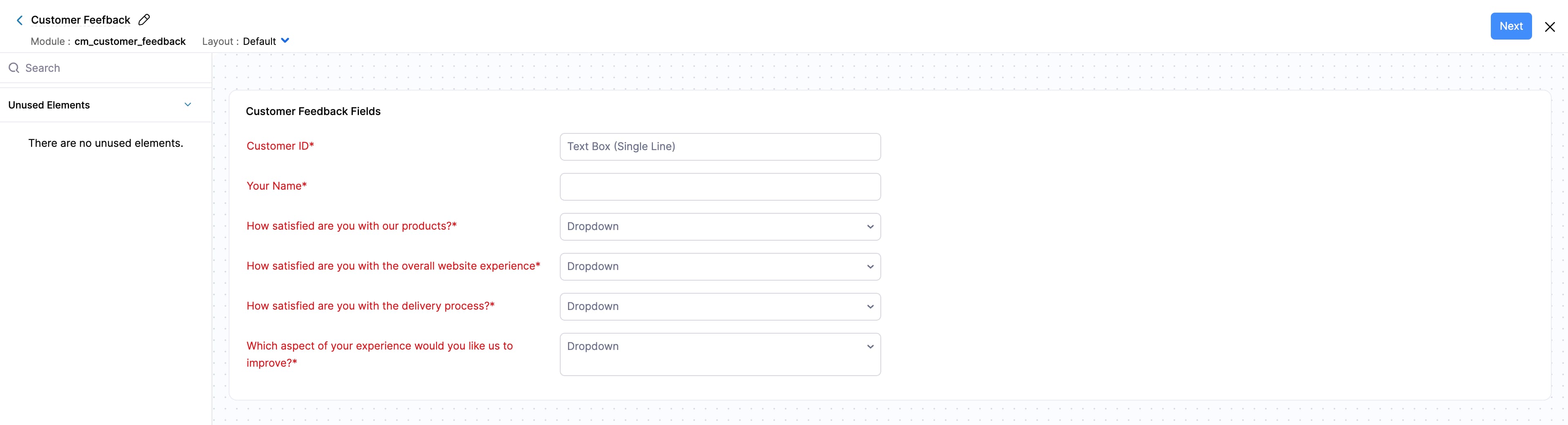 The New Web Form page for customizing the form with fields from the selected custom module.