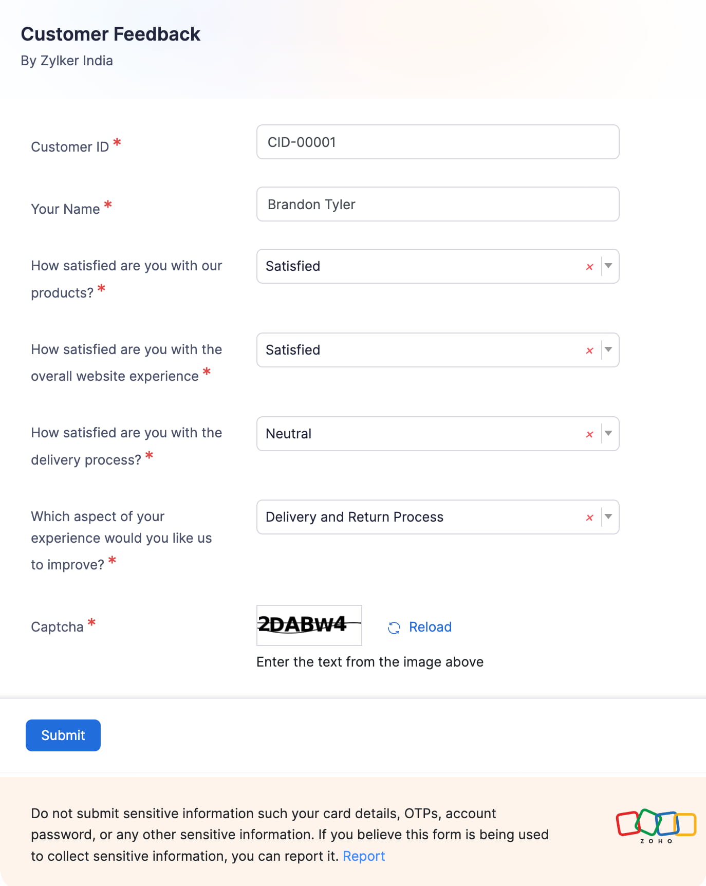 A form created for a custom module by a Zoho Inventory user. Fill in the required details in the form and submit it.