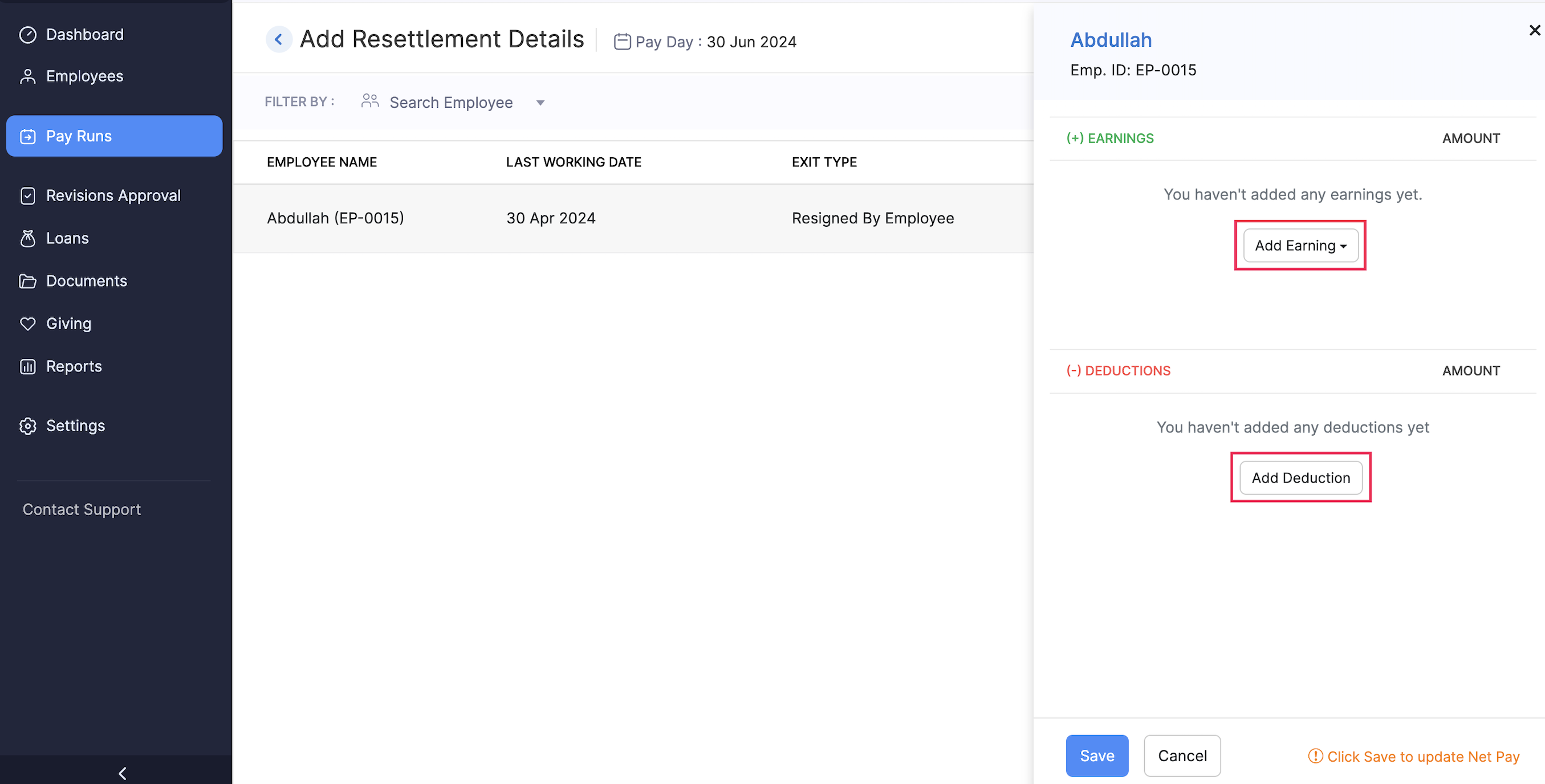 Add Earnings and Deductions Applicable for Employee