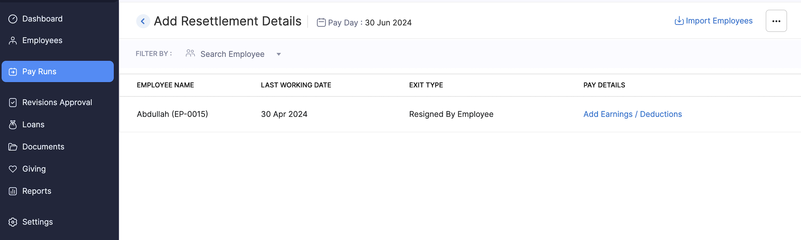 Add Resettlement Details Page