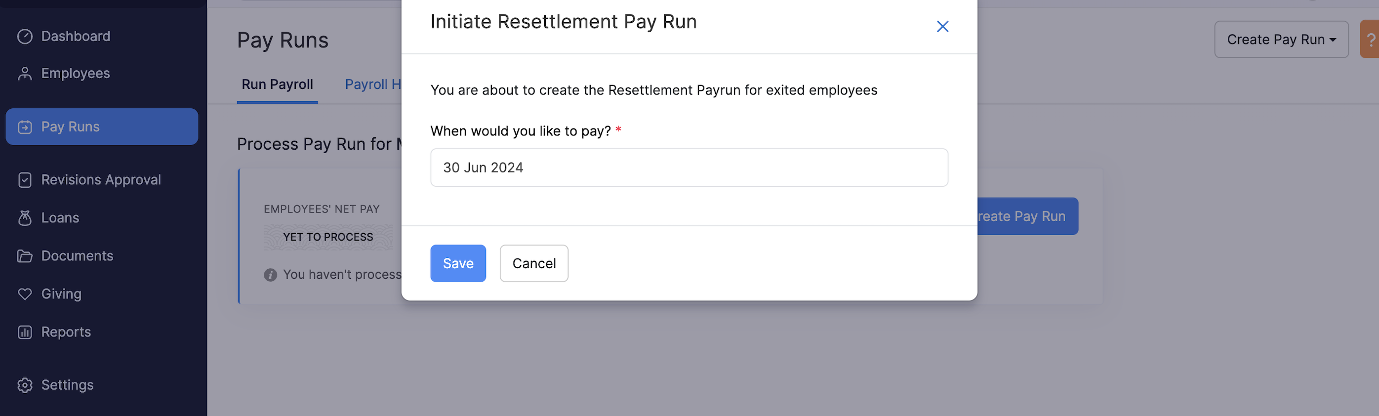 Select the Paydate for Resettlement Payroll