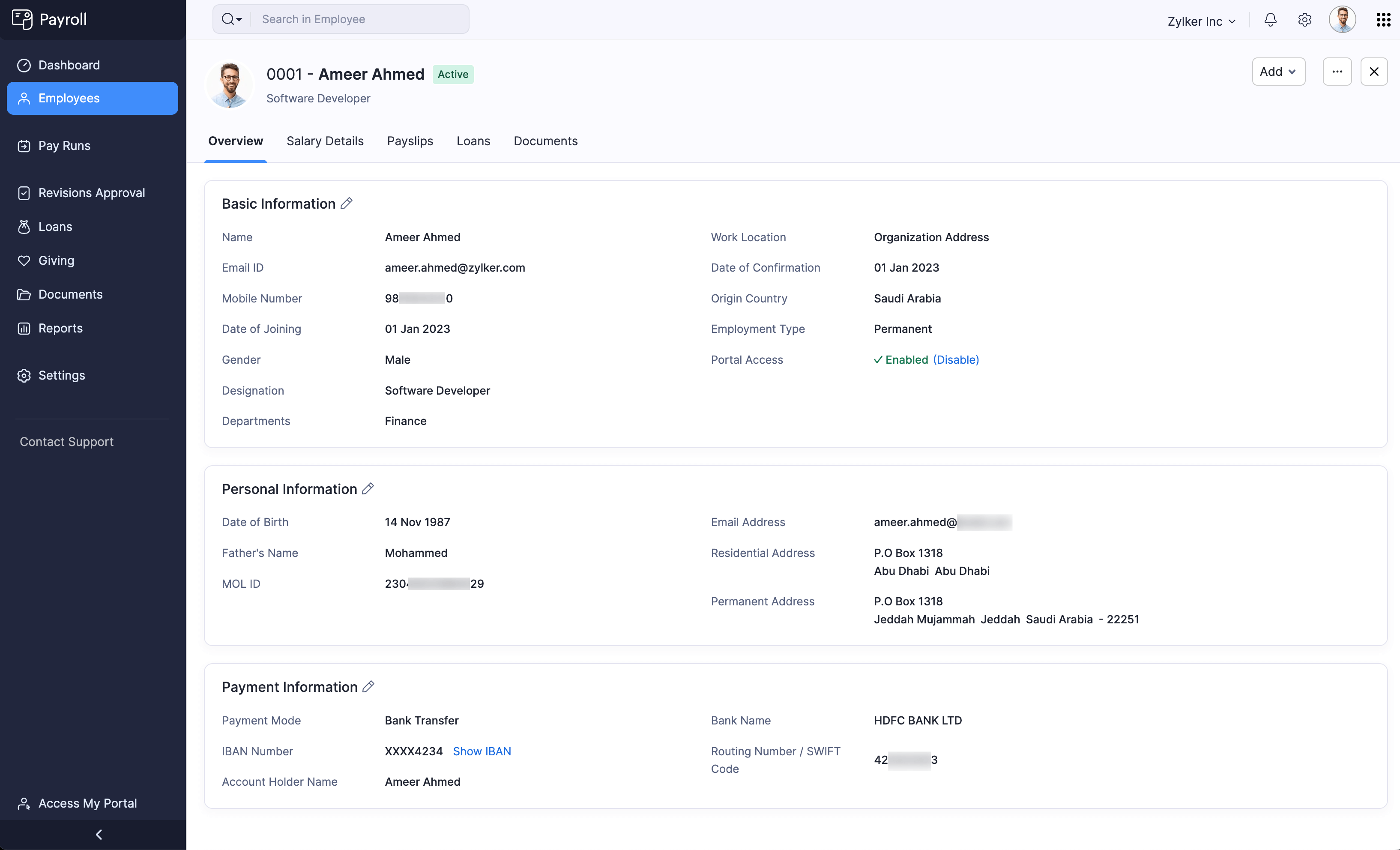 Edit Employee Details in Zoho Payroll