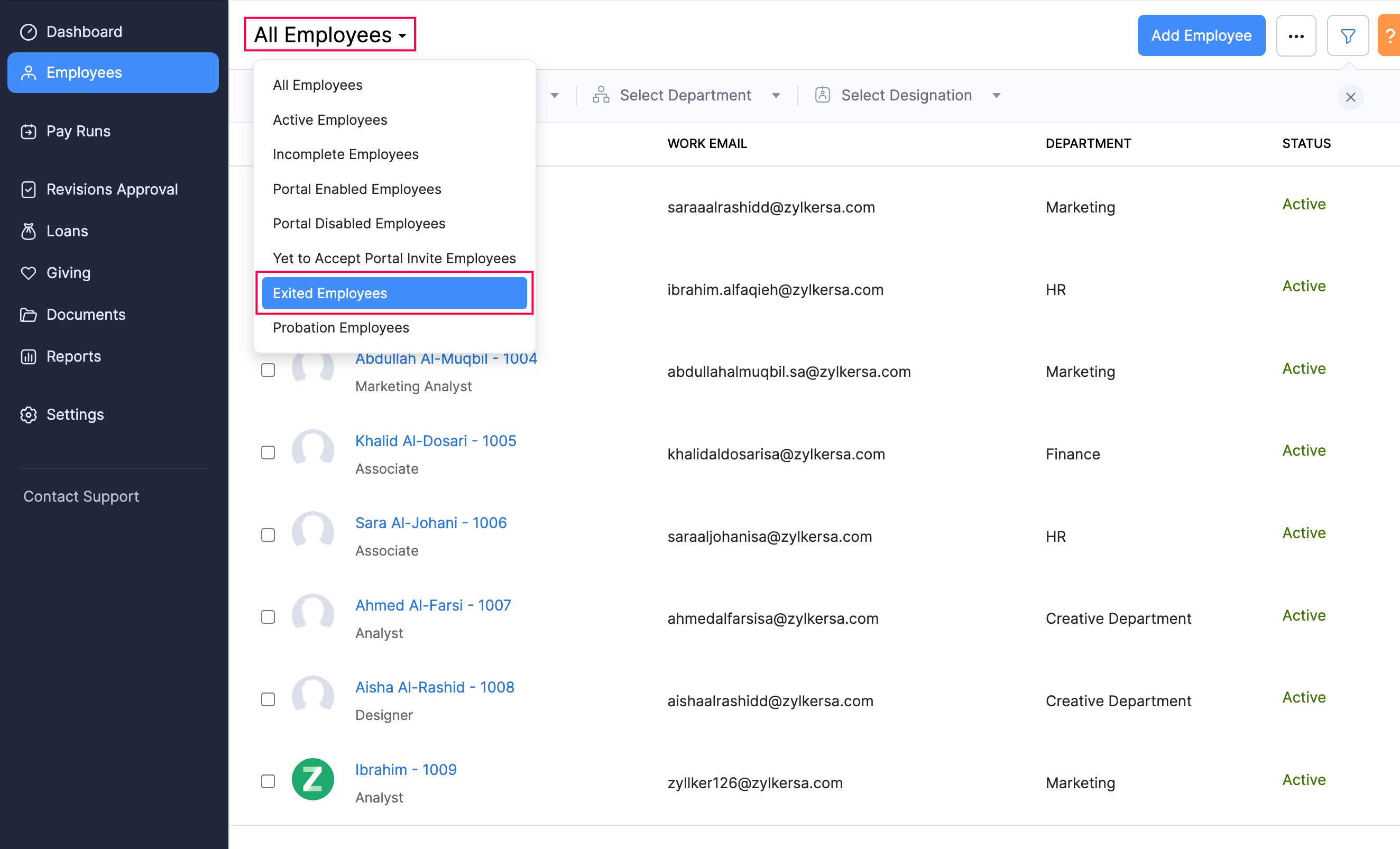 Filter Exited Employees in Zoho Payroll