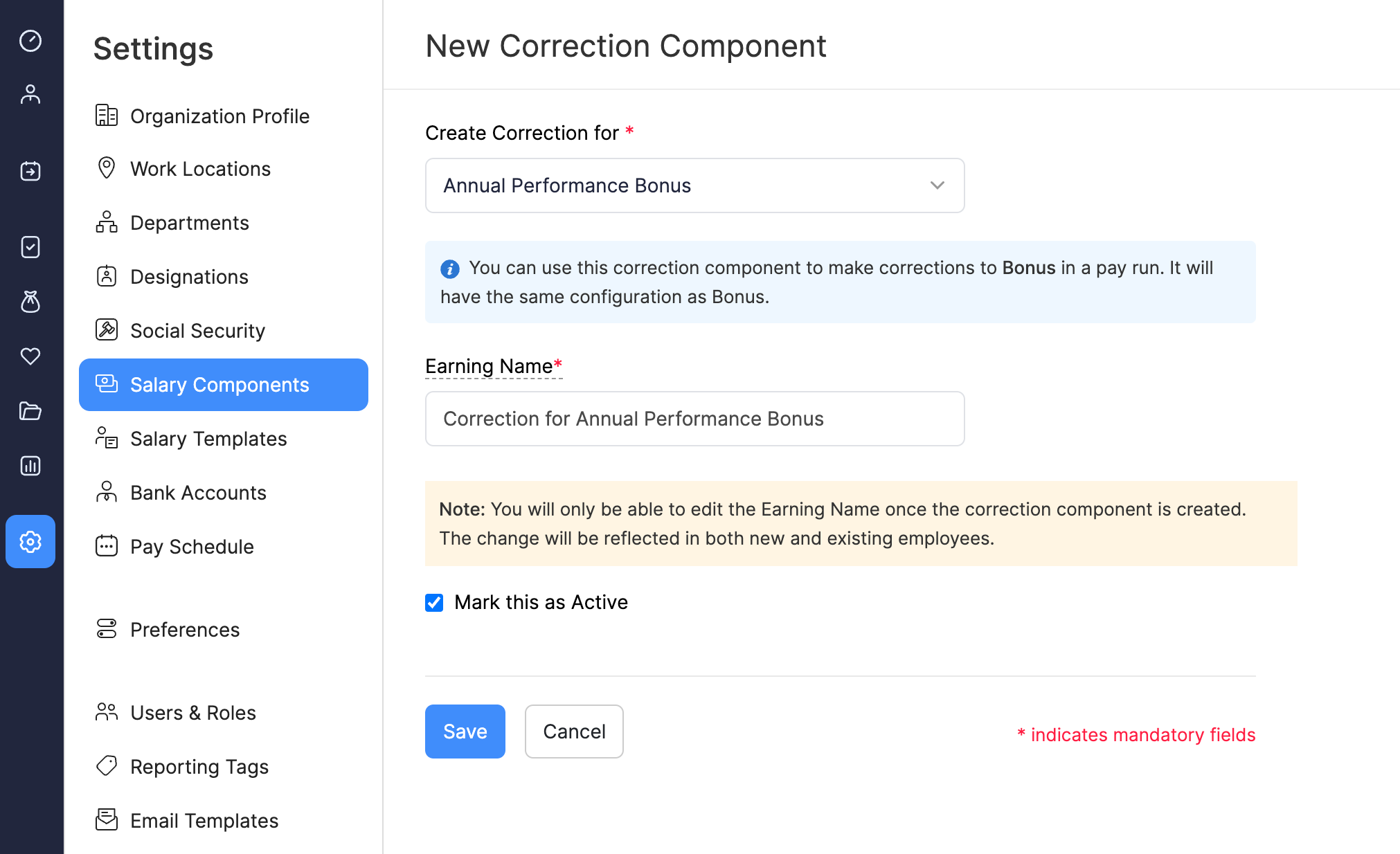 Add Correction Details in Zoho Payroll&rsquo;s Salary Component Page