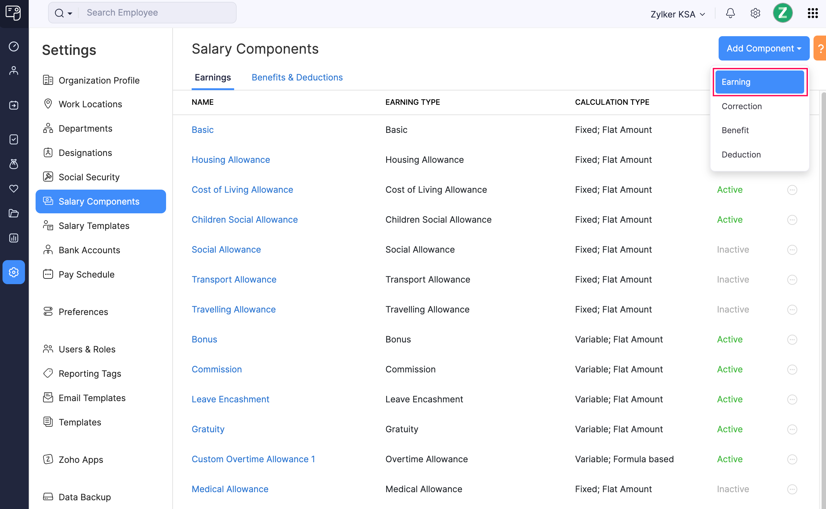 Add Earning Button in Zoho Payroll&rsquo;s Salary Component Page