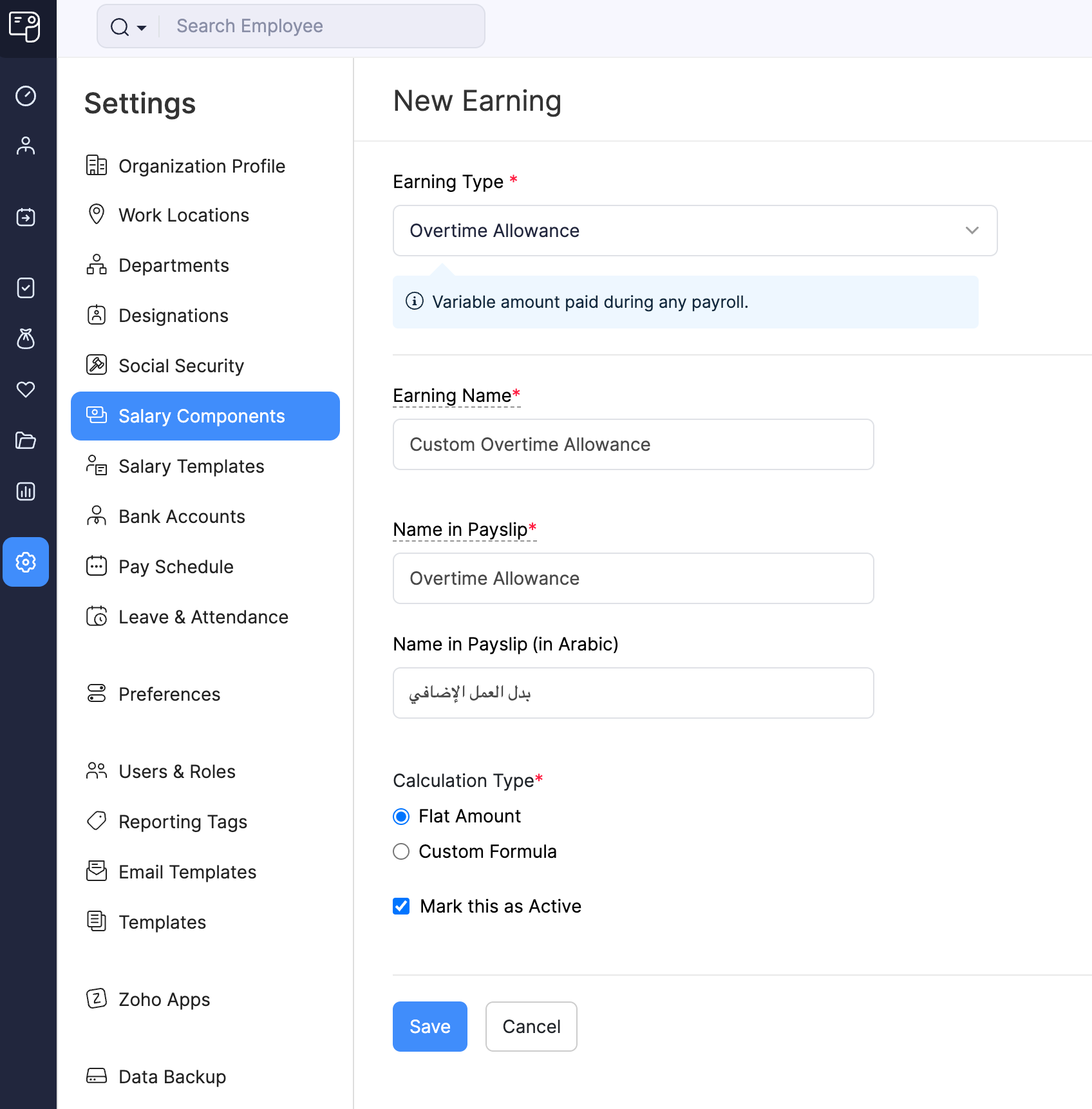 Add Earning Details in Zoho Payroll&rsquo;s Salary Component Page
