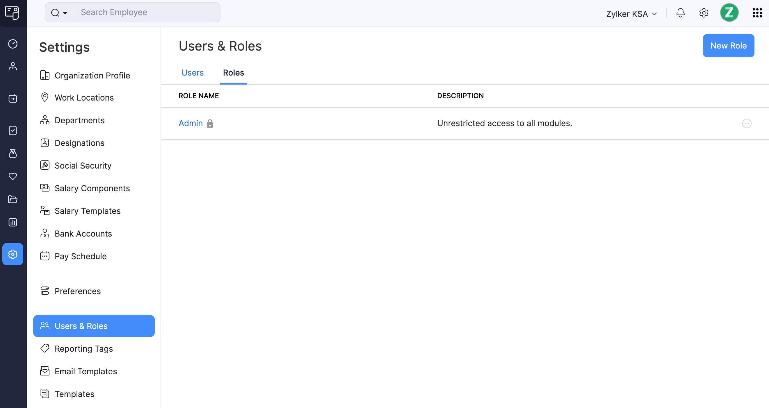 Roles Tab in Zoho Payroll