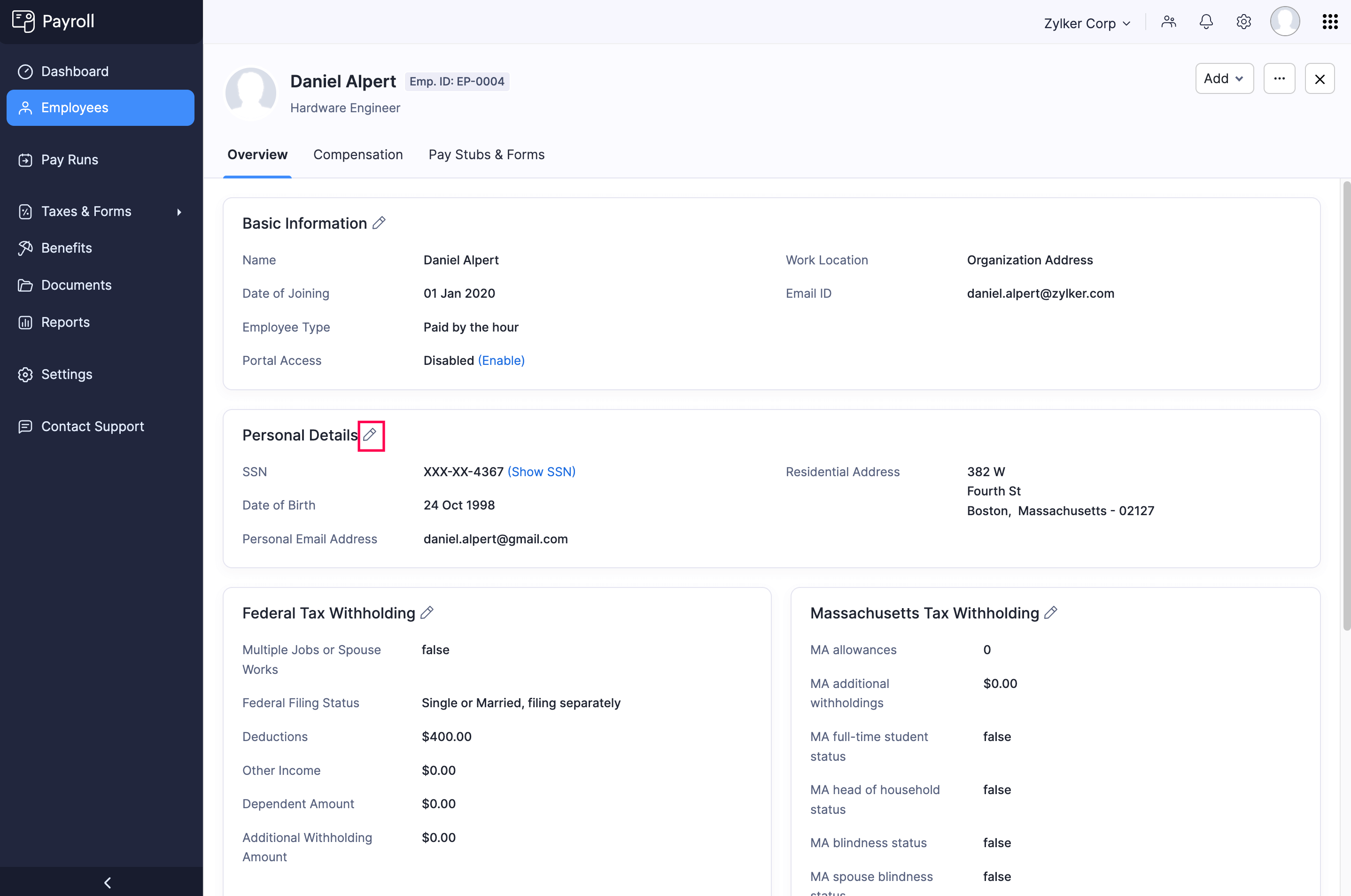 Click Edit Icon to Edit the Personal Details of an Employee