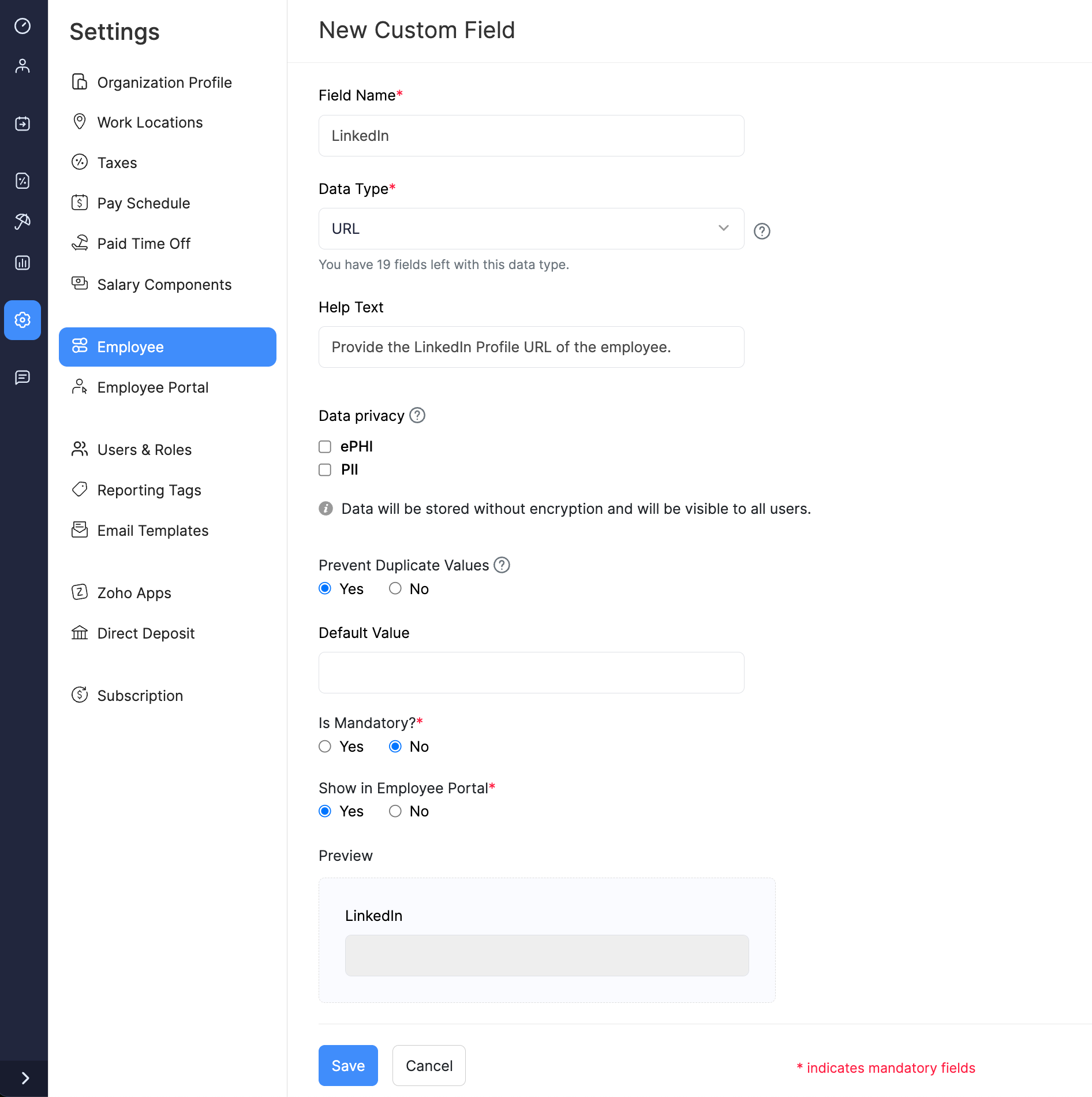 Add Details for New Custom Field in Zoho Payroll