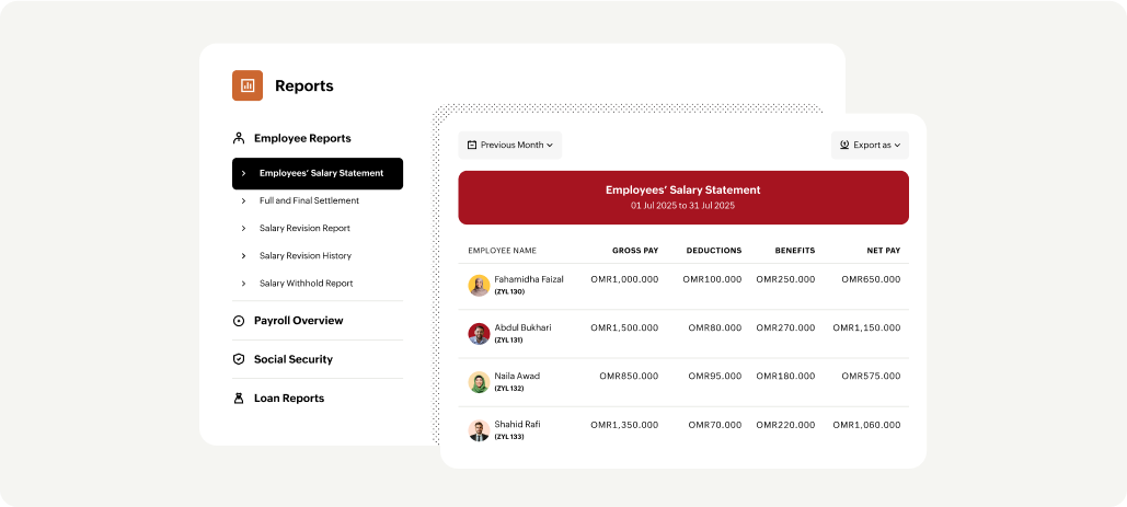 Screenshot of reports generated by Zoho Payroll Oman