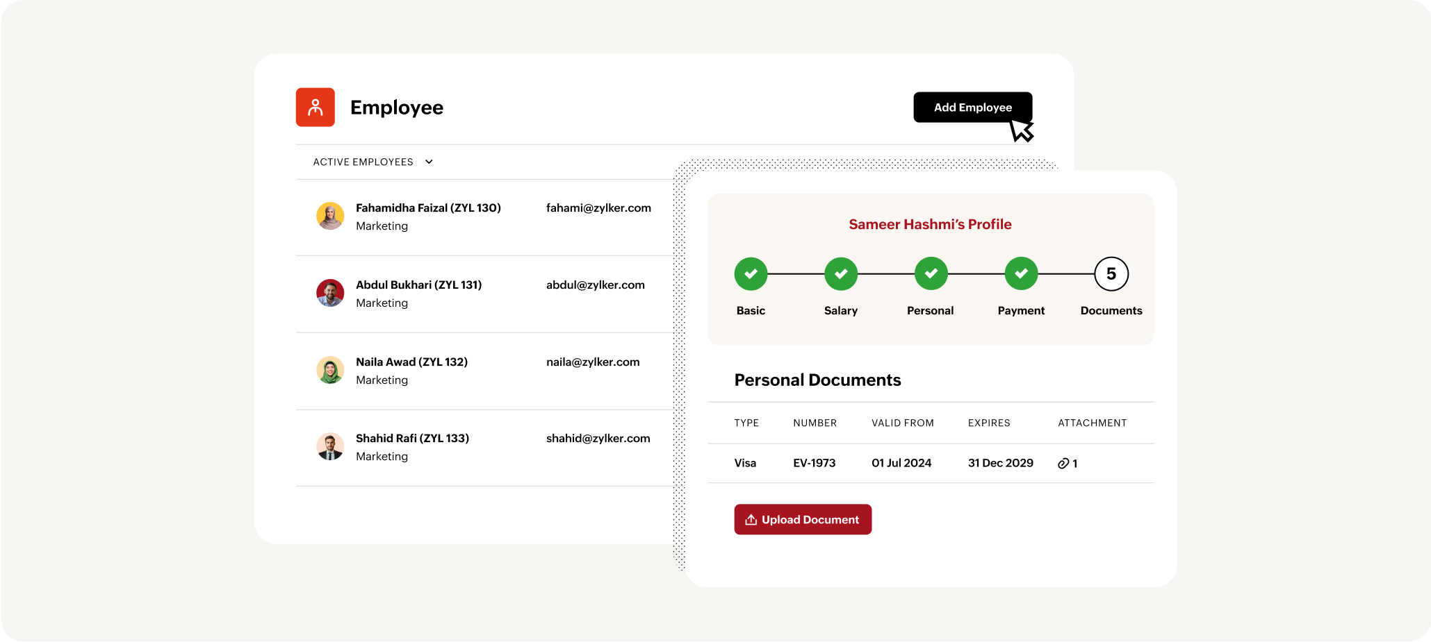 Screenshot of the employee module in saudi payroll software