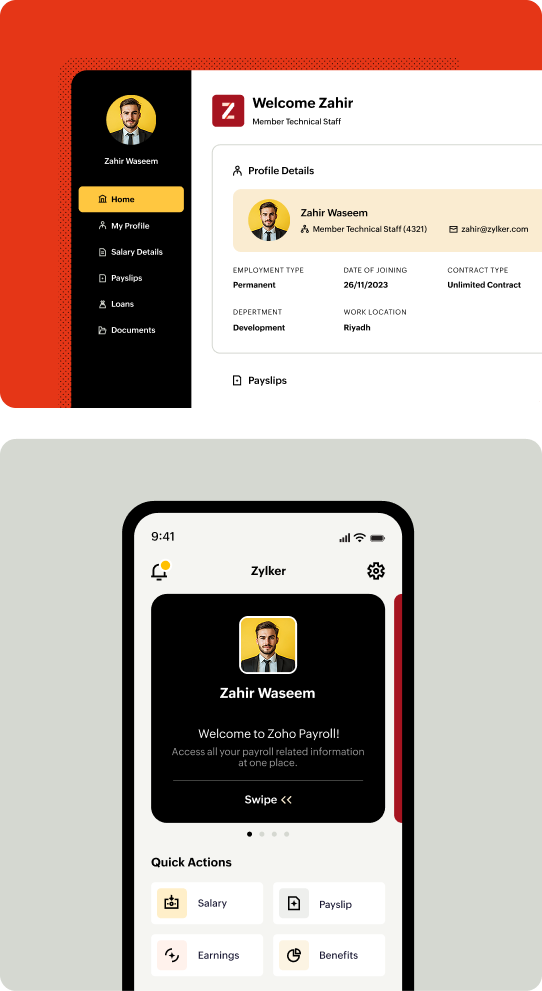 Employee portal mobile and web views of Zoho Payroll saudi