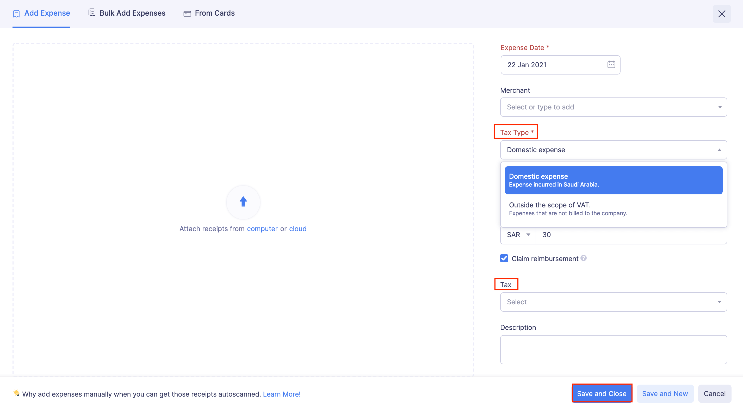 Apply VAT to Expenses