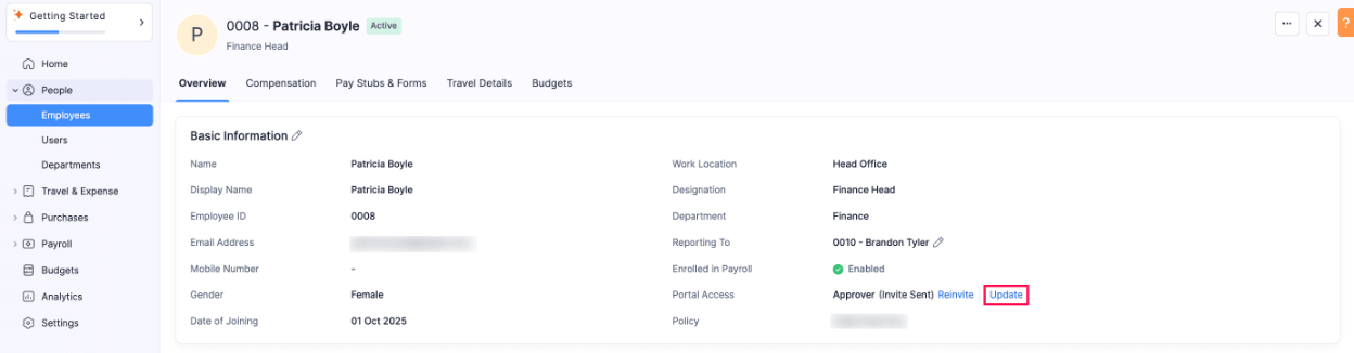 Update Portal Access for Employee