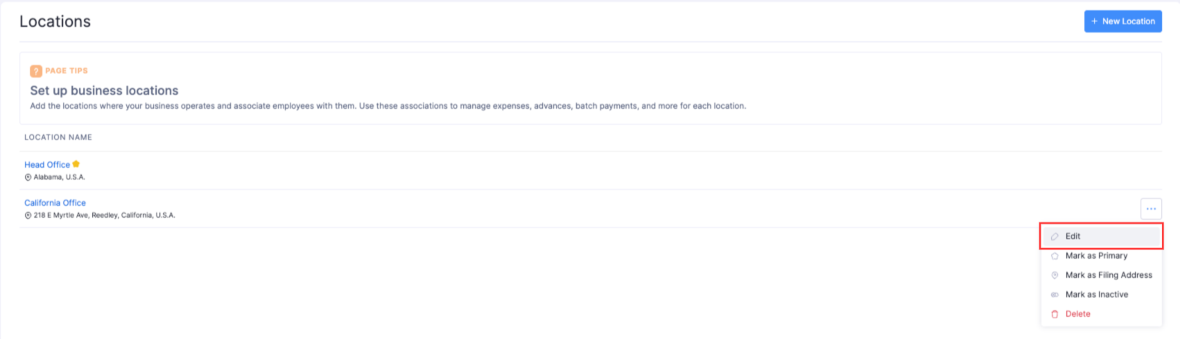 The Locations page. Hover over the required location, click the More icon, and select Edit to update it.