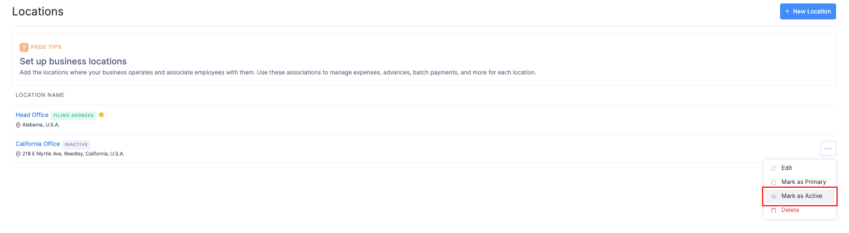The Locations page. Hover over the required location, click the More icon, and select Mark as Active to enable it.