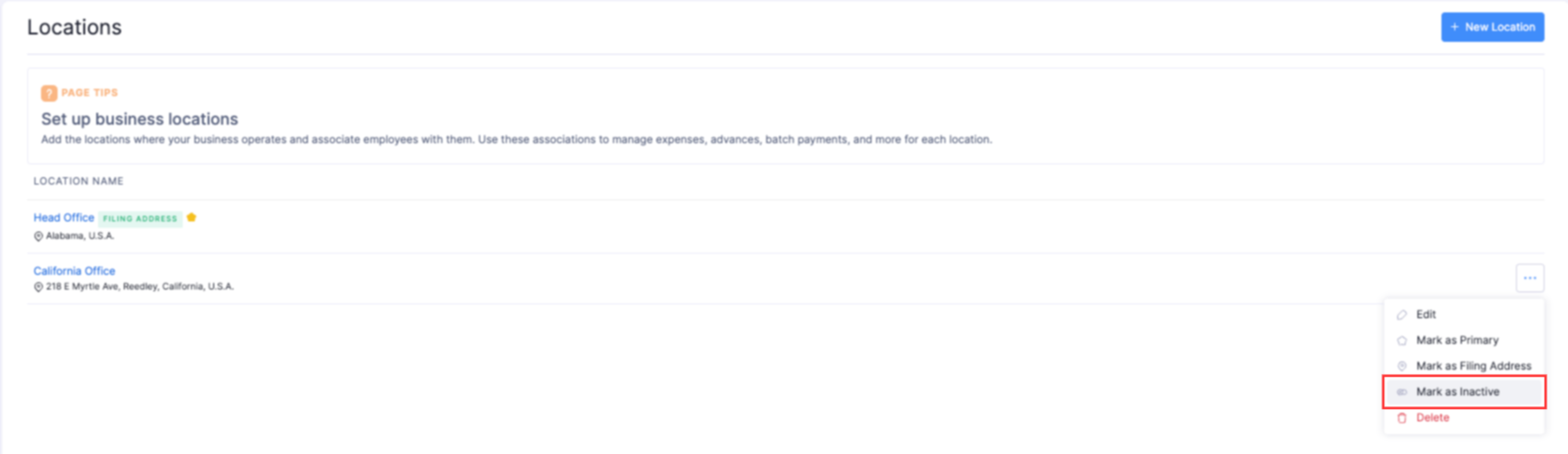 The Locations page. Hover over the required location, click the More icon, and select Mark as Inactive to disable it.