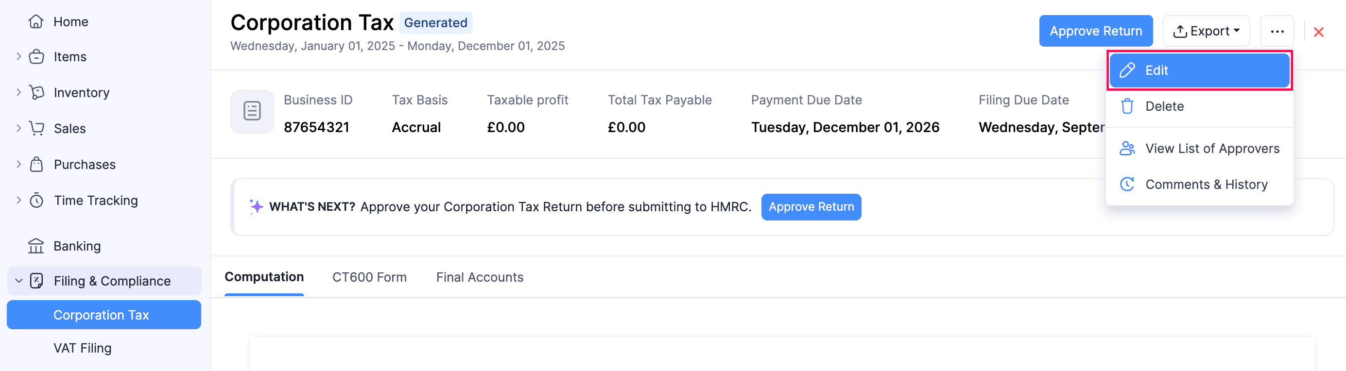 Edit Corporation Tax