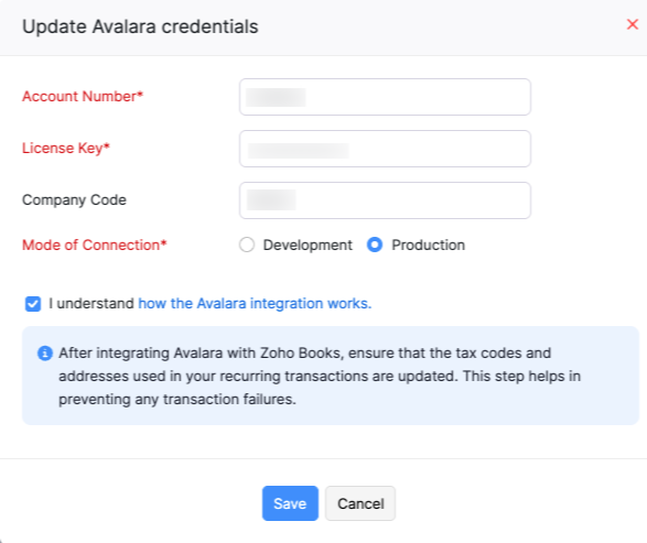Update Avalara Credentials Popup
